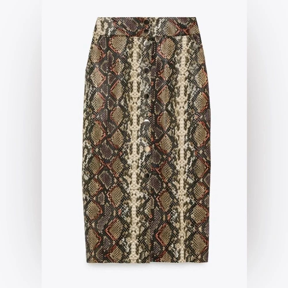 NWT Zara High Waist Snakeskin Print Skirt Orange Brown Midi Size S Office Baddie - Picture 5 of 10